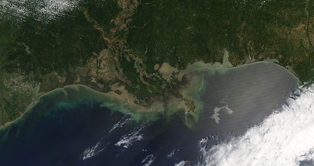 The Gulf Is Still Declining, Years After the Oil Stopped Flowing Satellite view of the Gulf of Mexico oil spill spreading across the sea